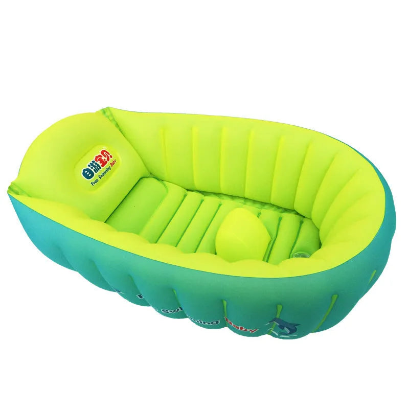 Inflatable baby bath tub in blue with central air column and rectangular design