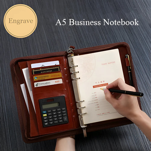 A5 PU business manager folder zipper bag in black with calculator and loose-leaf pages