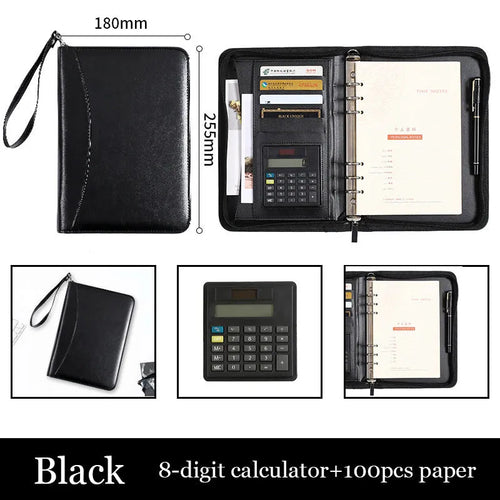 A5 PU business manager folder zipper bag in black with calculator and loose-leaf pages