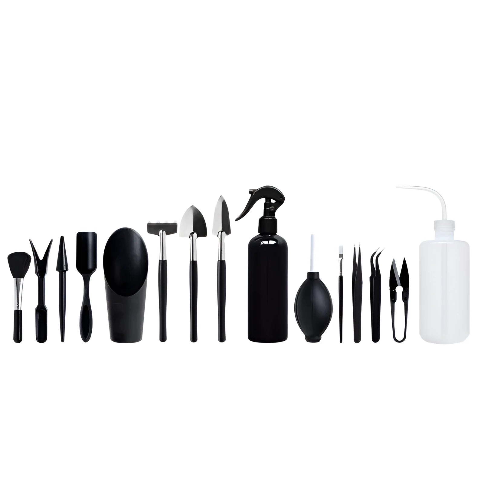 16-piece black mini garden tool set with kneeling cushion for succulent and bonsai plant care.