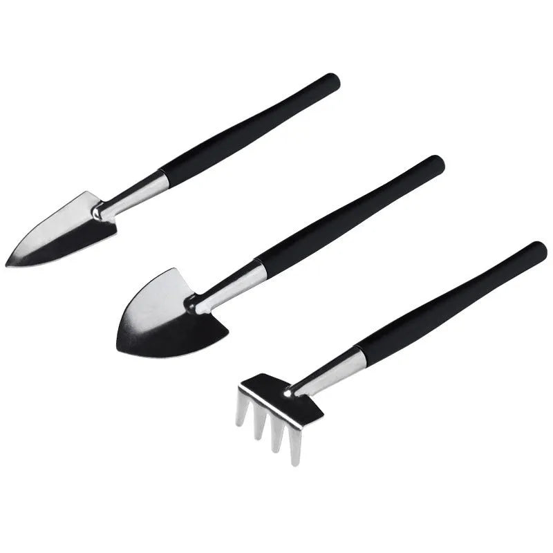 16-piece black mini garden tool set with kneeling cushion for succulent and bonsai plant care.