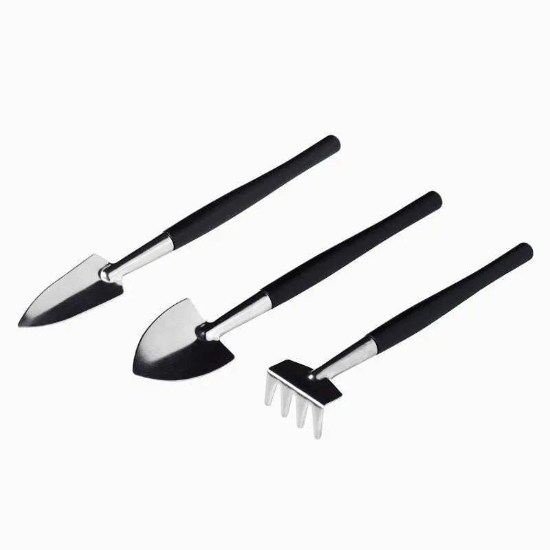 16-piece black mini garden tool set with kneeling cushion for succulent and bonsai plant care.