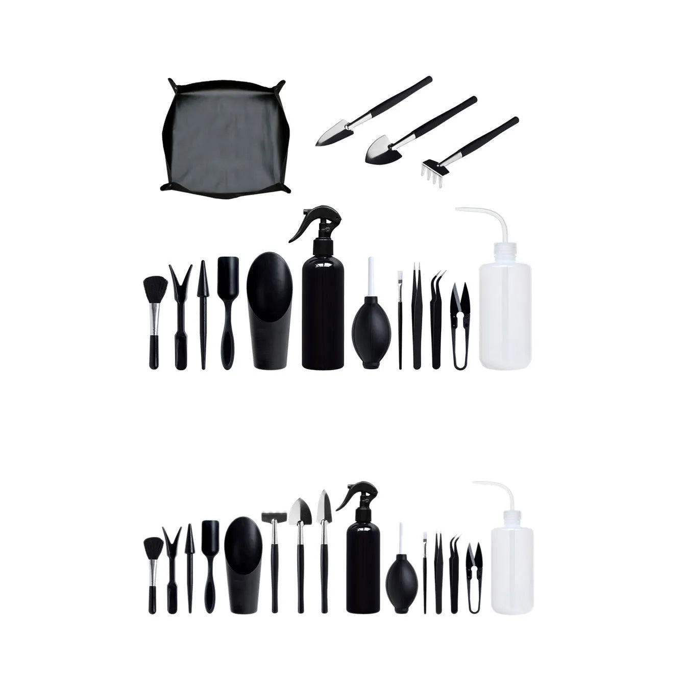 16-piece black mini garden tool set with kneeling cushion for succulent and bonsai plant care.
