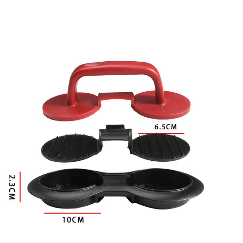 Black and red food-grade ABS plastic burger press mould on a kitchen counter.