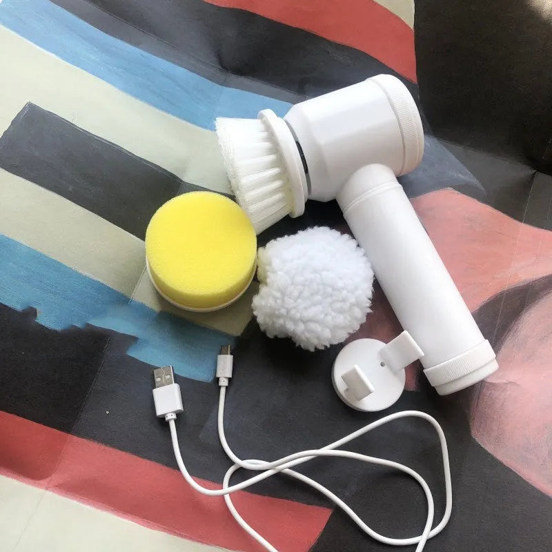White 5 in 1 cordless electric cleaning brush with detachable ABS handle and 3 interchangeable brush heads, 19.5 x 11.5 x 6.3 cm