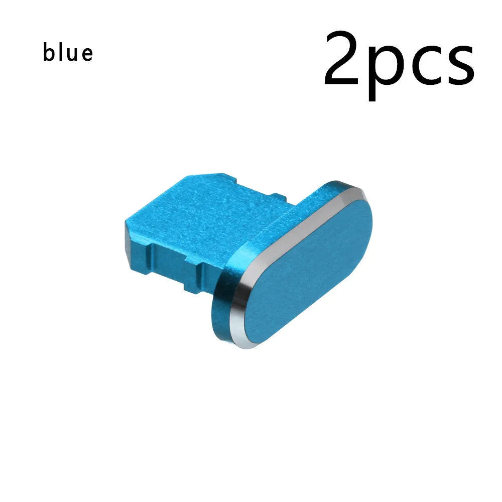 Aluminium alloy dust plug for iPhone charging port in gold, silver, blue, red, grey, black, and rose gold colours.