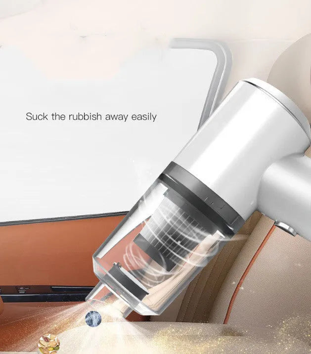 Wireless handheld car vacuum cleaner in black or white on a car seat.