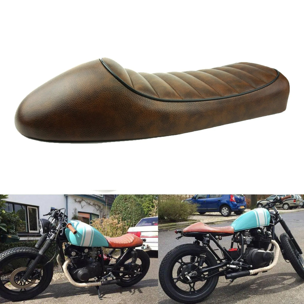 Black retro motorcycle hump seat pedestal with artificial leather surface and black pipe trim