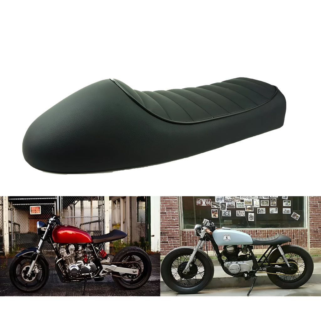 Black retro motorcycle hump seat pedestal with artificial leather surface and black pipe trim