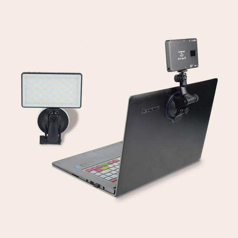 Black aluminium LED video light for laptops with 96 LEDs, a built-in battery, and a 1/4 inch mounting thread.