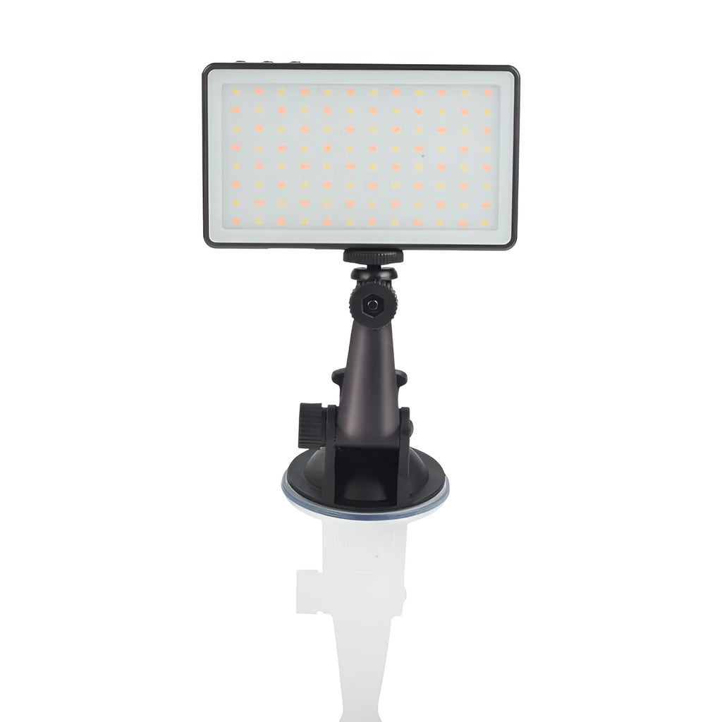 Black aluminium LED video light for laptops with 96 LEDs, a built-in battery, and a 1/4 inch mounting thread.