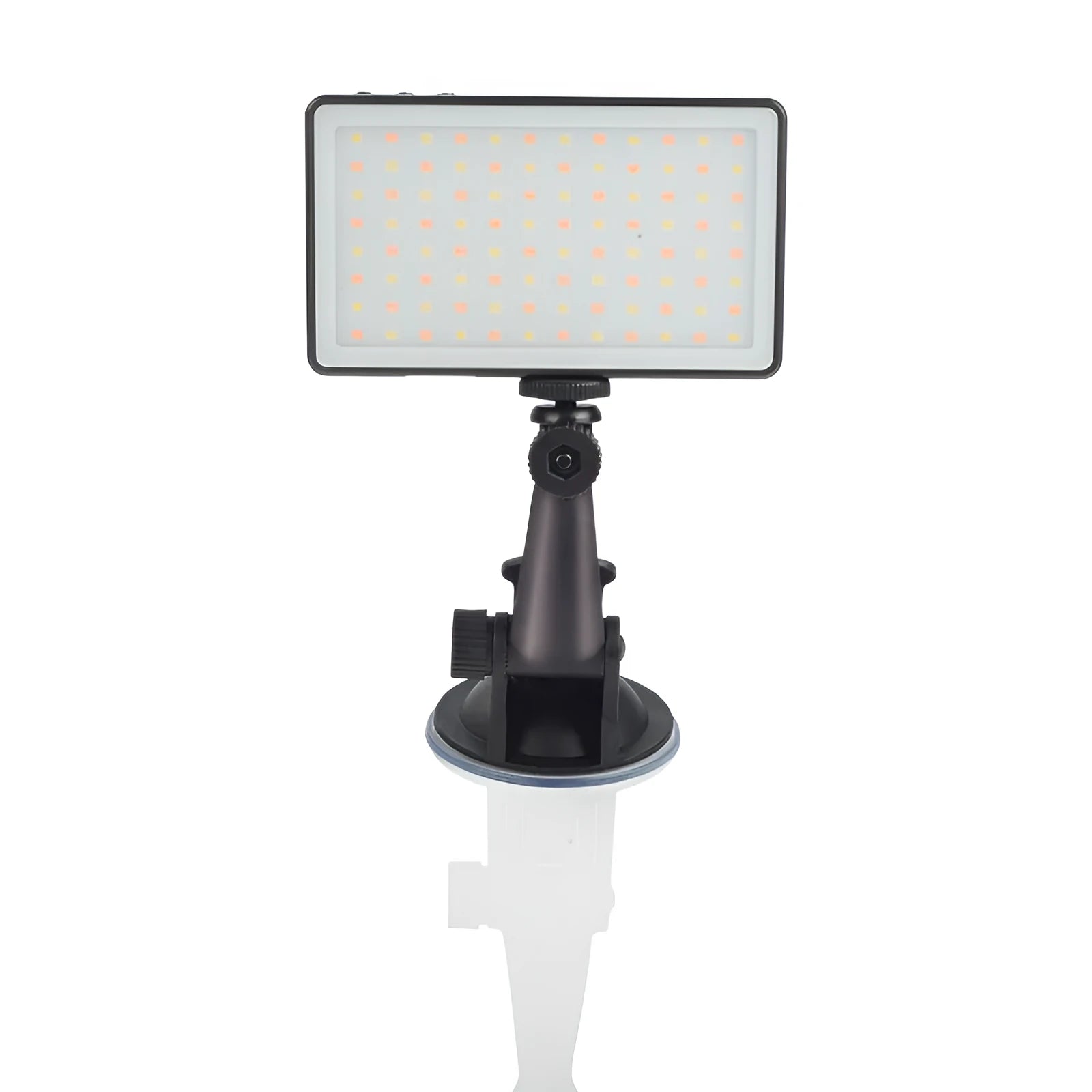 Black aluminium LED video light for laptops with 96 LEDs, a built-in battery, and a 1/4 inch mounting thread.