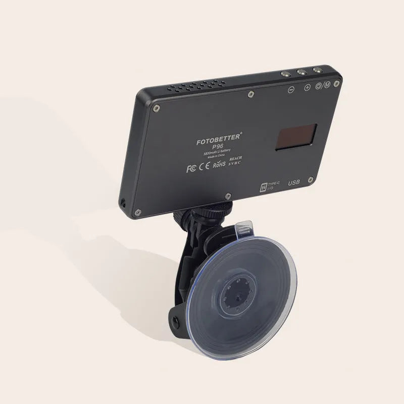 Black aluminium LED video light for laptops with 96 LEDs, a built-in battery, and a 1/4 inch mounting thread.