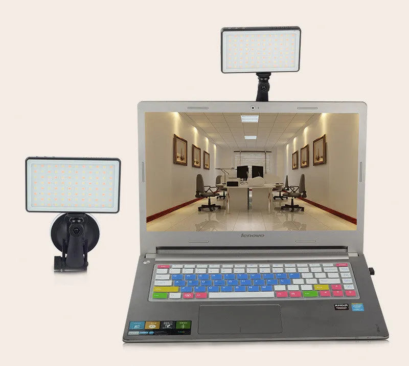 Black aluminium LED video light for laptops with 96 LEDs, a built-in battery, and a 1/4 inch mounting thread.