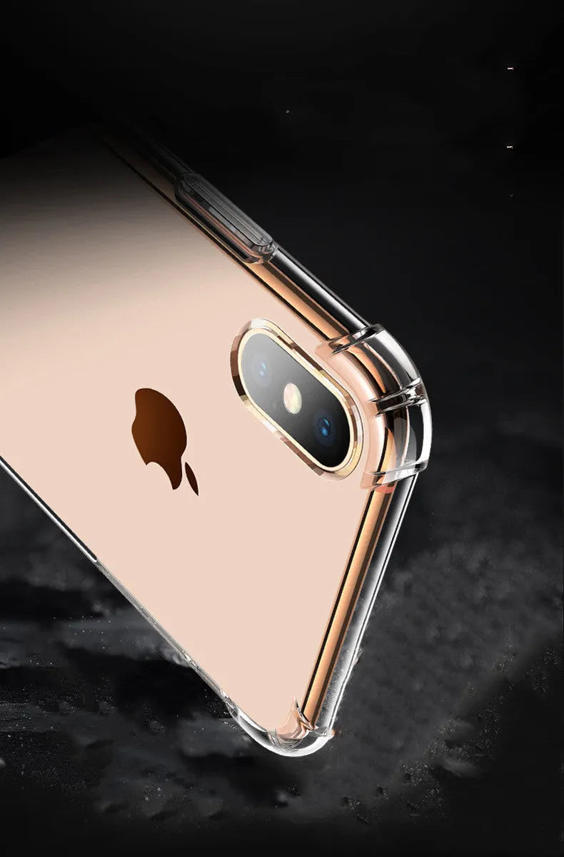 Transparent white silicone iPhone case showing device compatibility and shockproof protection features