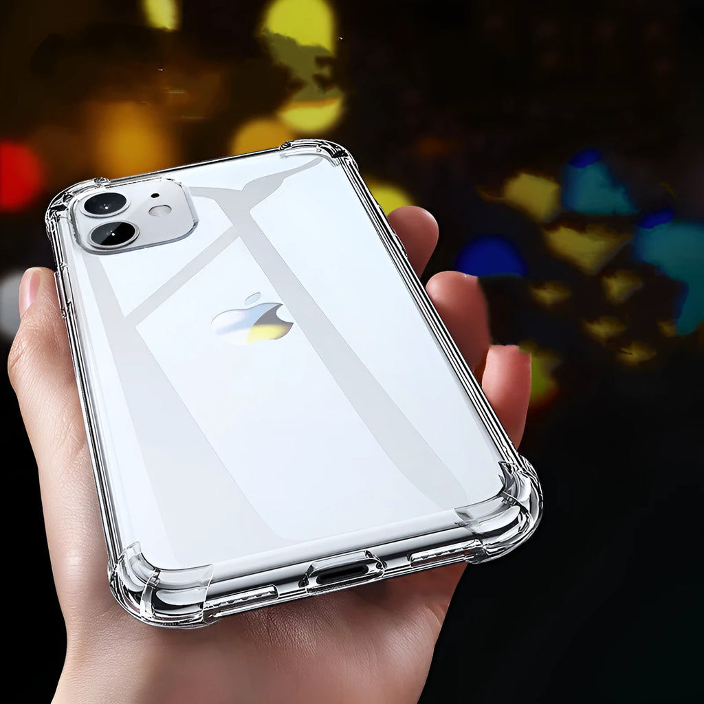 Transparent white silicone iPhone case showing device compatibility and shockproof protection features