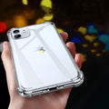 Transparent white silicone iPhone case showing device compatibility and shockproof protection features
