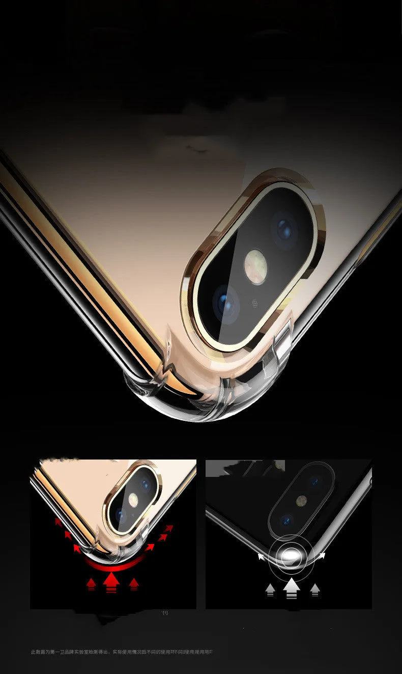 Transparent white silicone iPhone case showing device compatibility and shockproof protection features