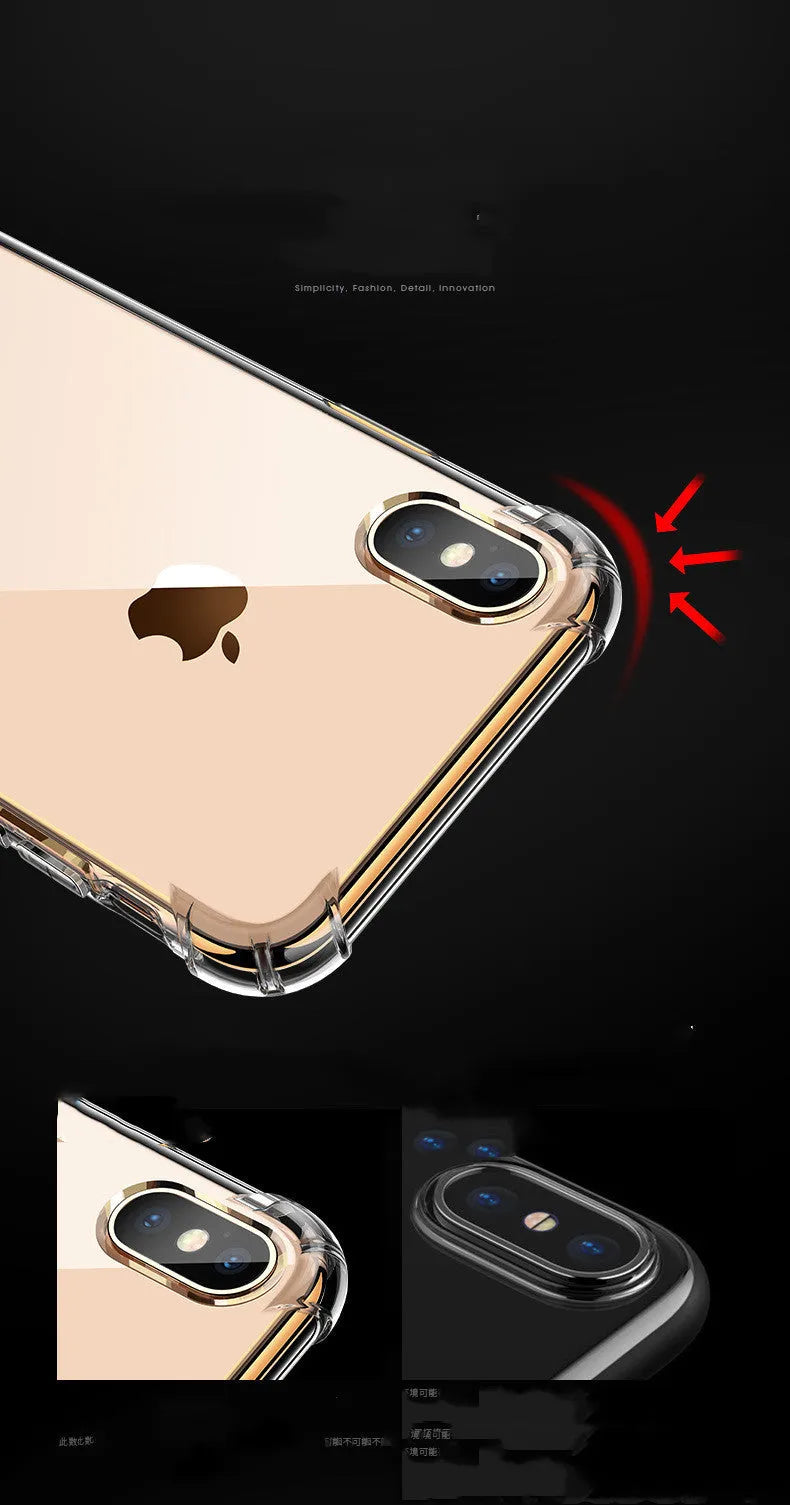 Transparent white silicone iPhone case showing device compatibility and shockproof protection features