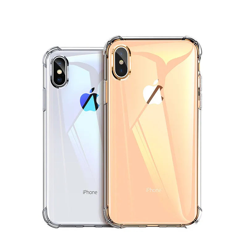 Transparent white silicone iPhone case showing device compatibility and shockproof protection features