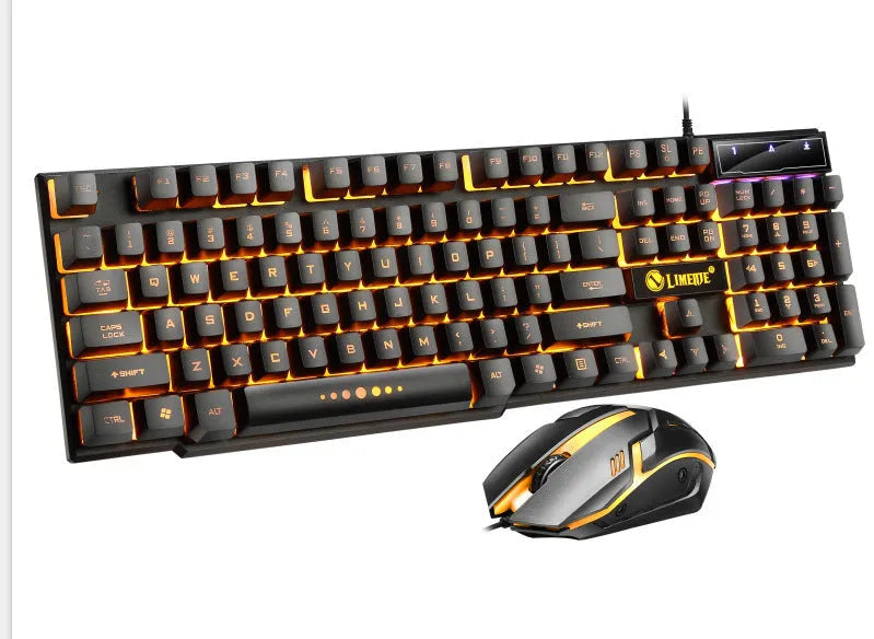 Limei Gtx300 white and black wired keyboard and mouse set with backlit keys on a desktop.