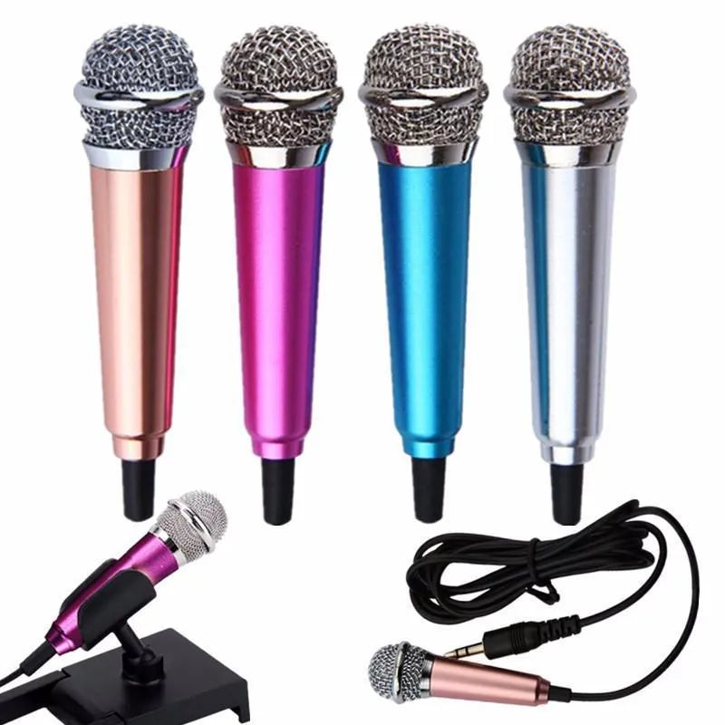T3 mini condenser microphone with 3.5mm jack in blue, gold, red, and silver colour options.