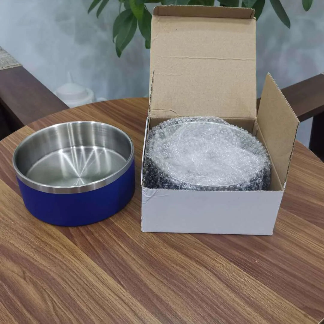 304 stainless steel upright dog bowl in 32oz or 64oz, shown in Black, Blue, Green, Grey, Red or White.