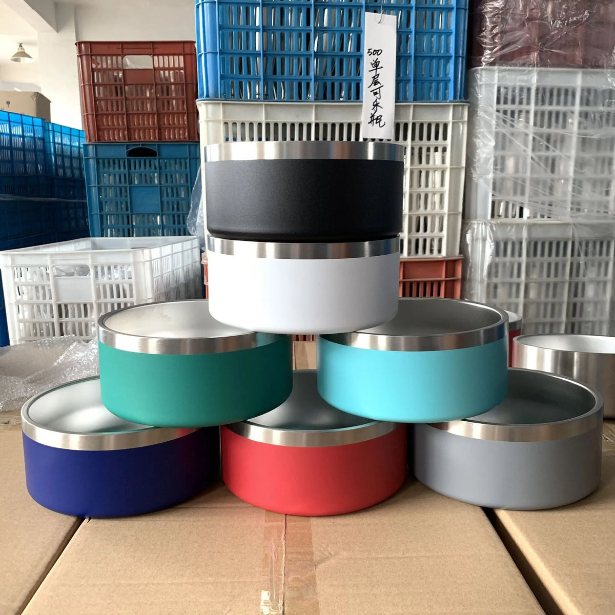 304 stainless steel upright dog bowl in 32oz or 64oz, shown in Black, Blue, Green, Grey, Red or White.