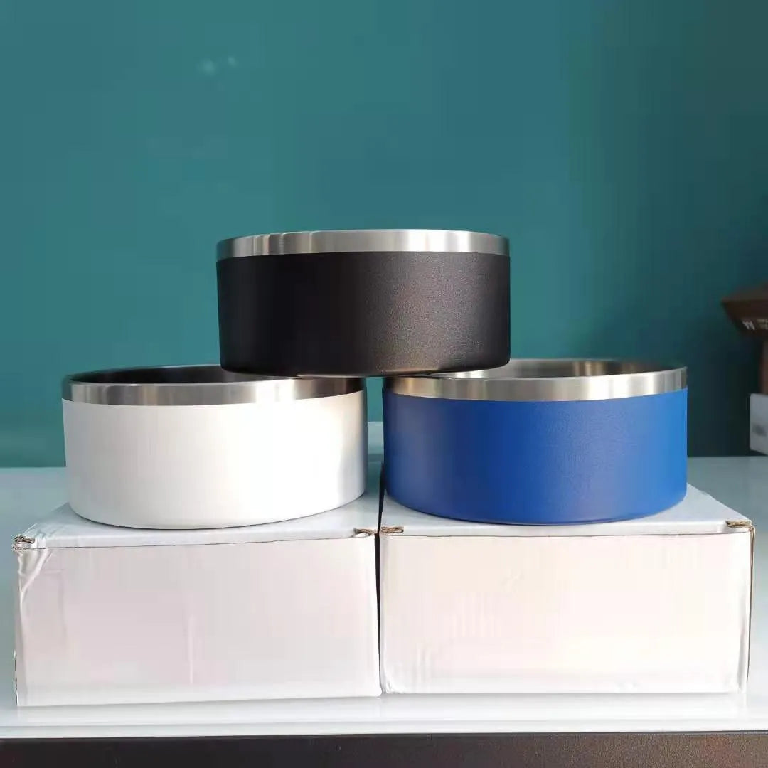 304 stainless steel upright dog bowl in 32oz or 64oz, shown in Black, Blue, Green, Grey, Red or White.