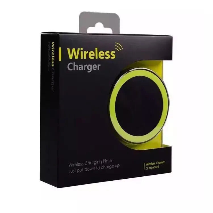 Square Qi wireless charging base in six colour options on a wood surface.