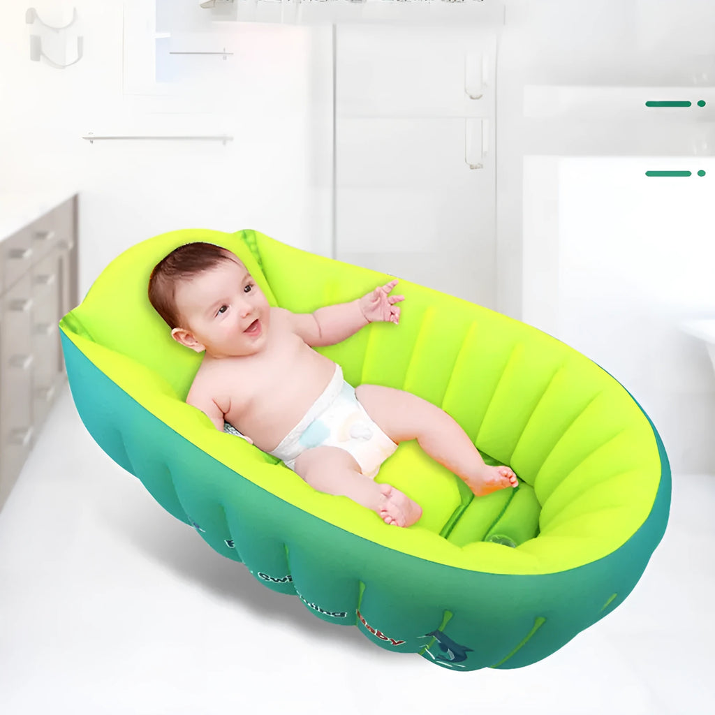 Inflatable baby bath tub in blue with central air column and rectangular design