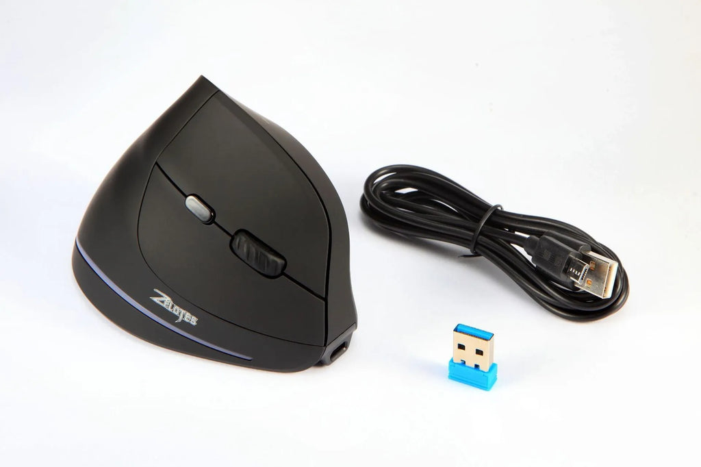 Wireless Charging 6-Button Vertical Gaming Mouse F35 in black with USB receiver and charging base