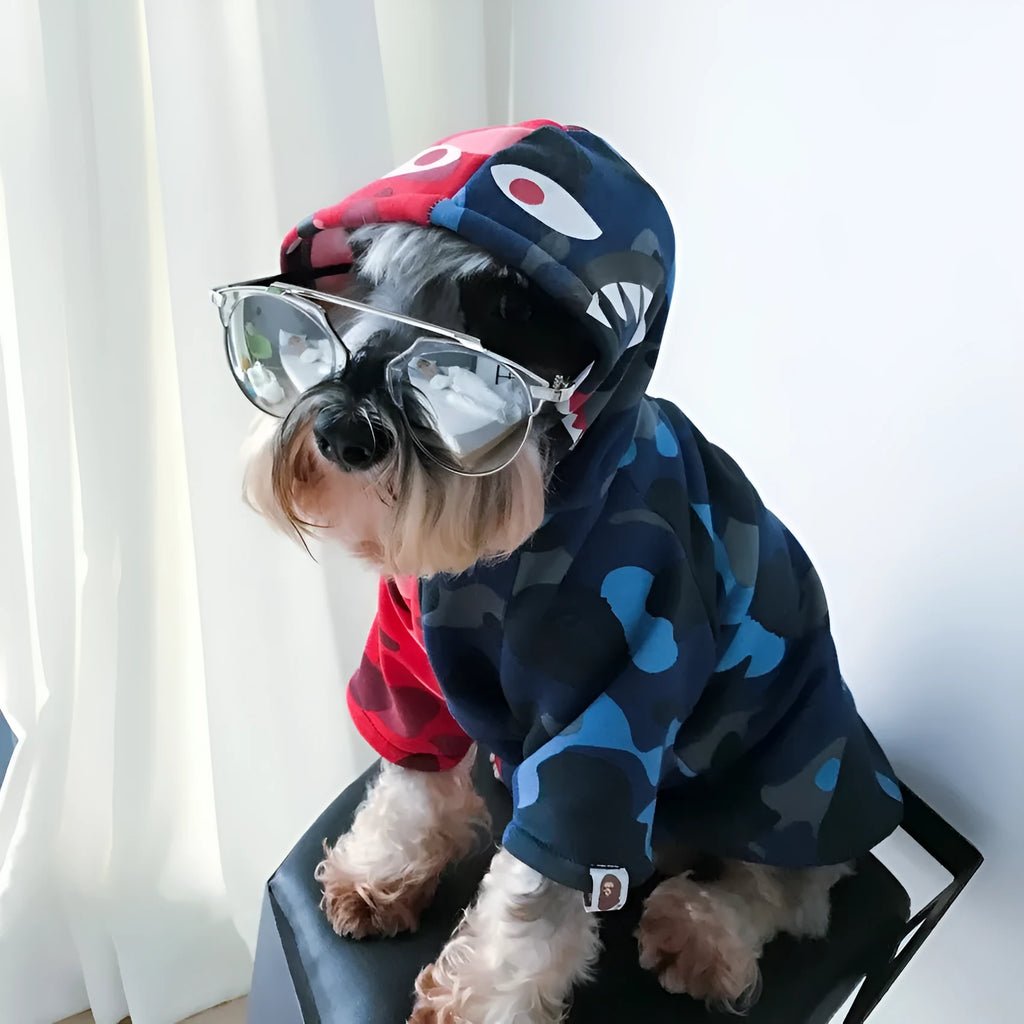 Red and blue cotton dog sweater by Pupreme Pawmain, sizes S to XXL, for small and medium pets