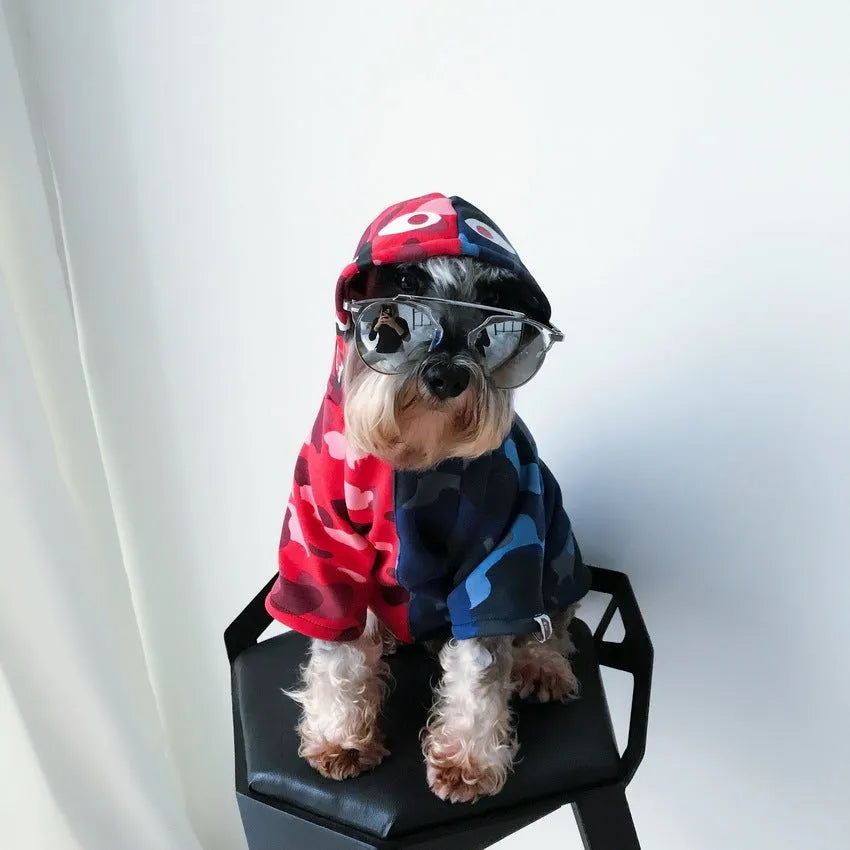 Red and blue cotton dog sweater by Pupreme Pawmain, sizes S to XXL, for small and medium pets