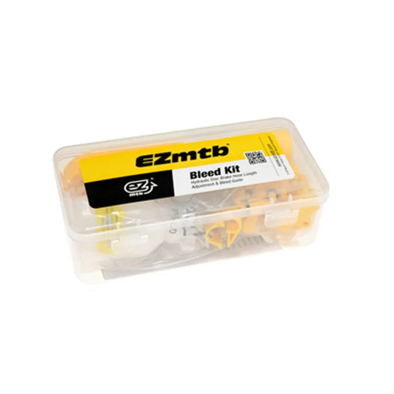 Yellow bicycle brake bleed kit with metal connector on a white background
