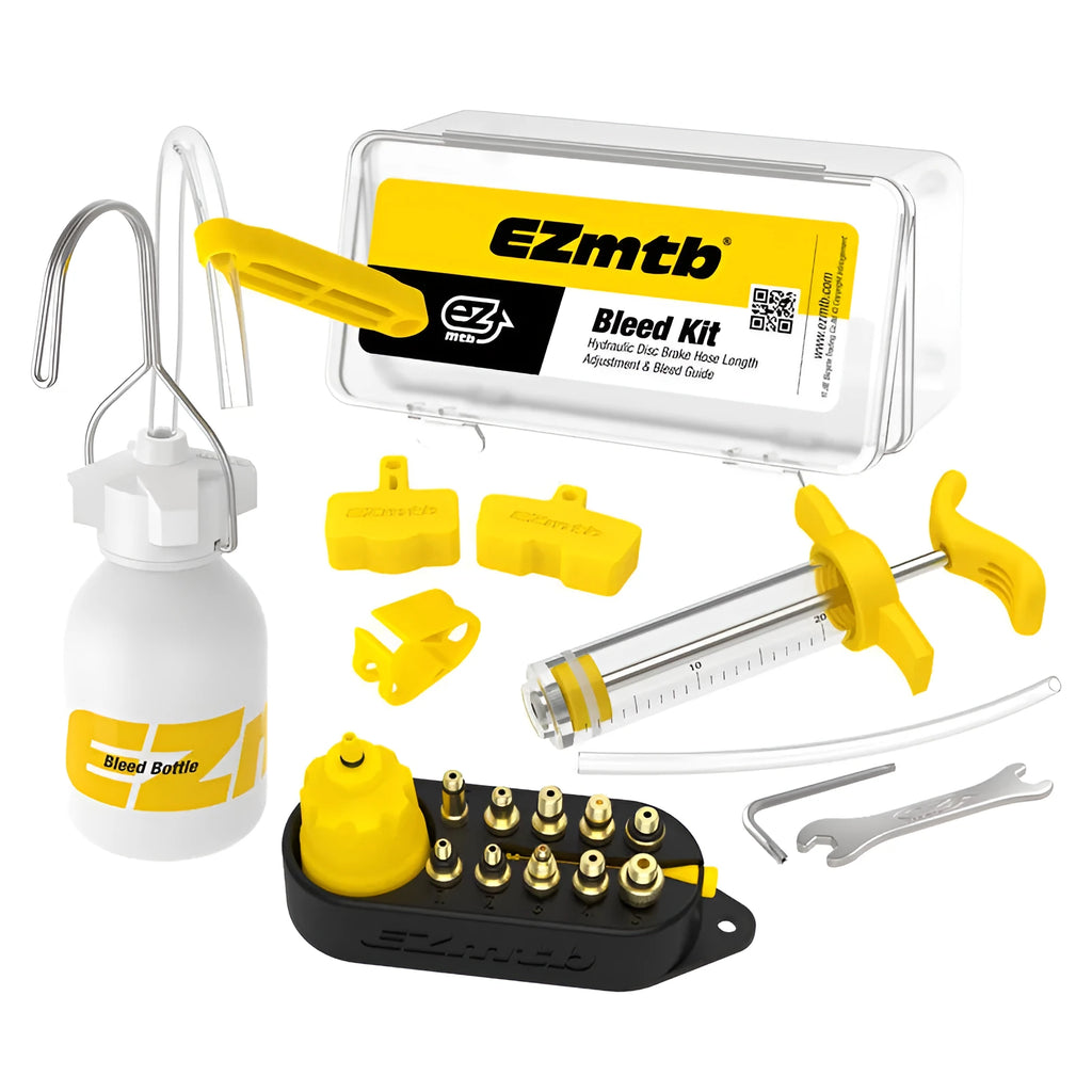 Yellow bicycle brake bleed kit with metal connector on a white background