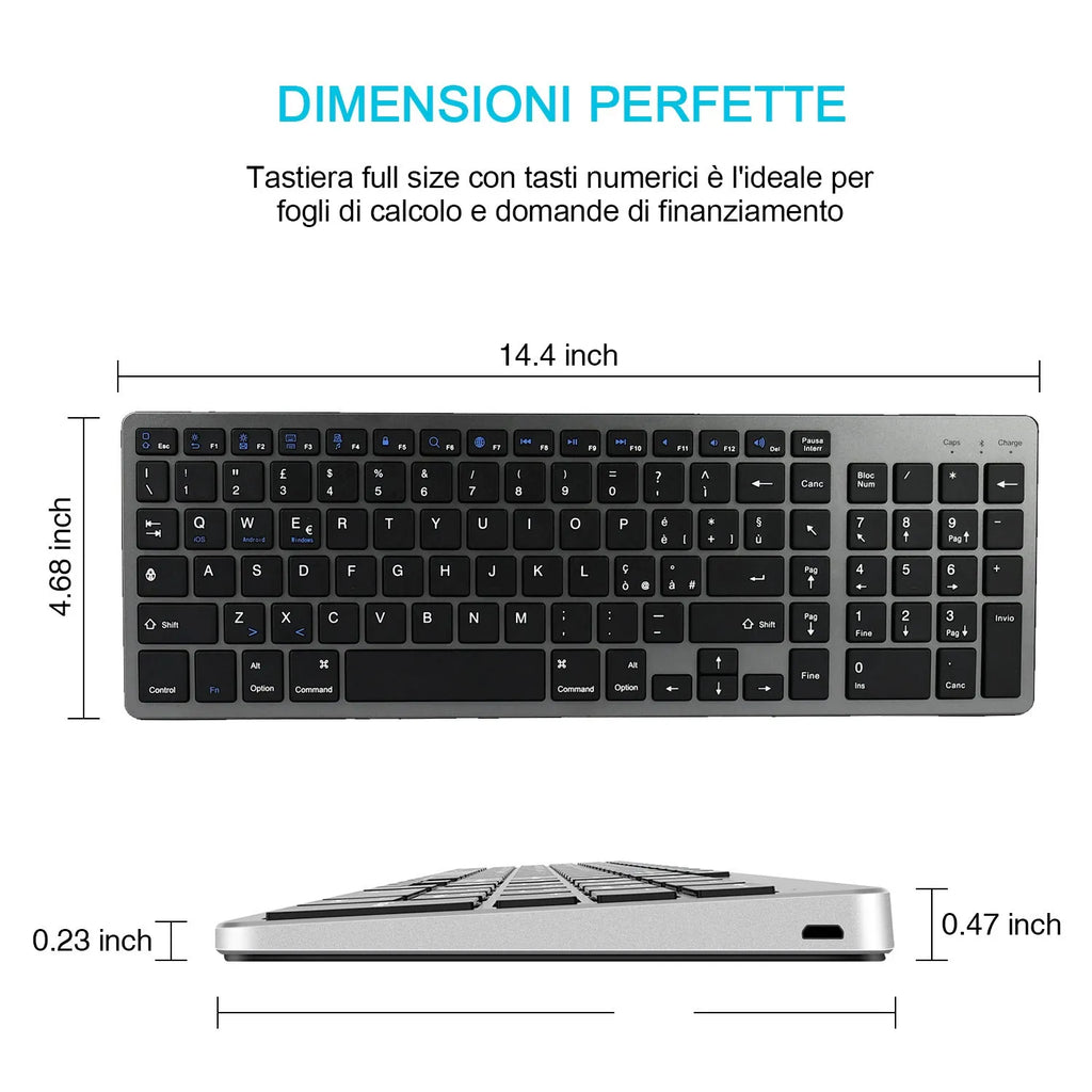 Ultra-thin white rechargeable Bluetooth keyboard next to a tablet and mobile phone.