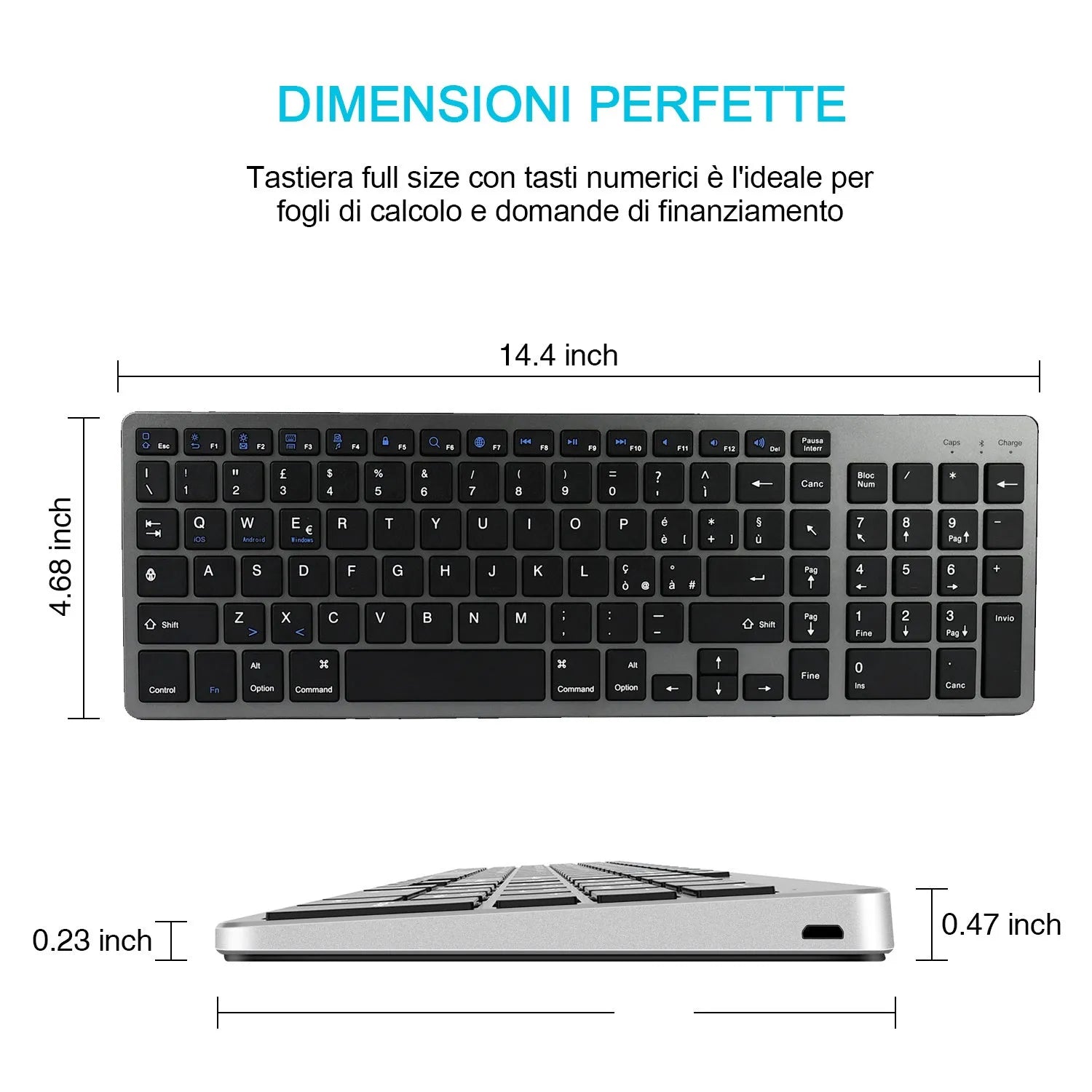 Ultra-thin white rechargeable Bluetooth keyboard next to a tablet and mobile phone.