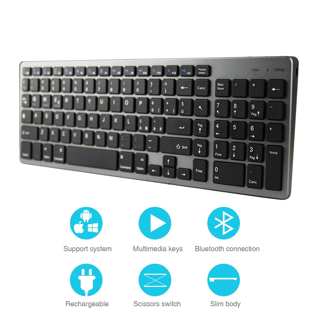 Ultra-thin white rechargeable Bluetooth keyboard next to a tablet and mobile phone.