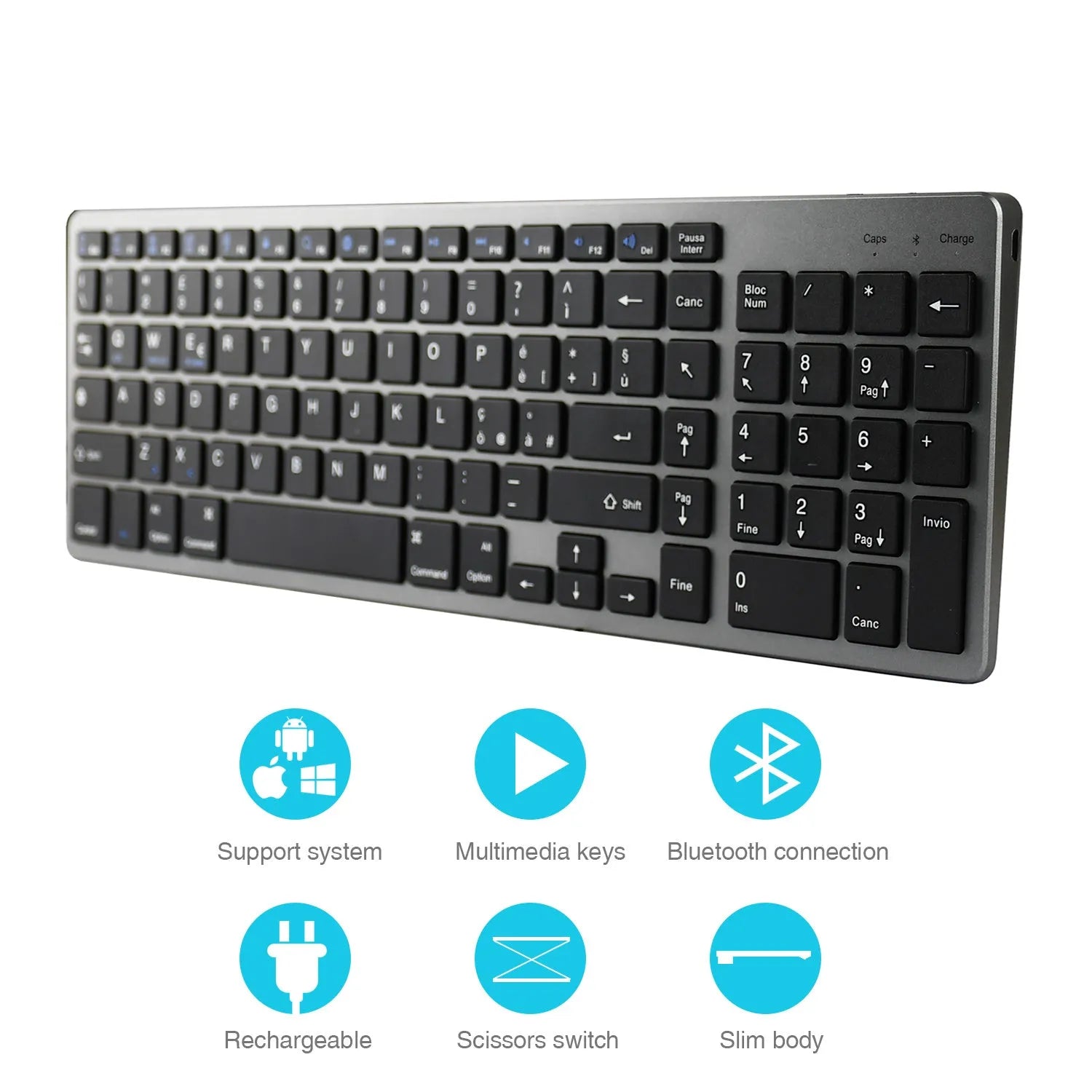 Ultra-thin white rechargeable Bluetooth keyboard next to a tablet and mobile phone.