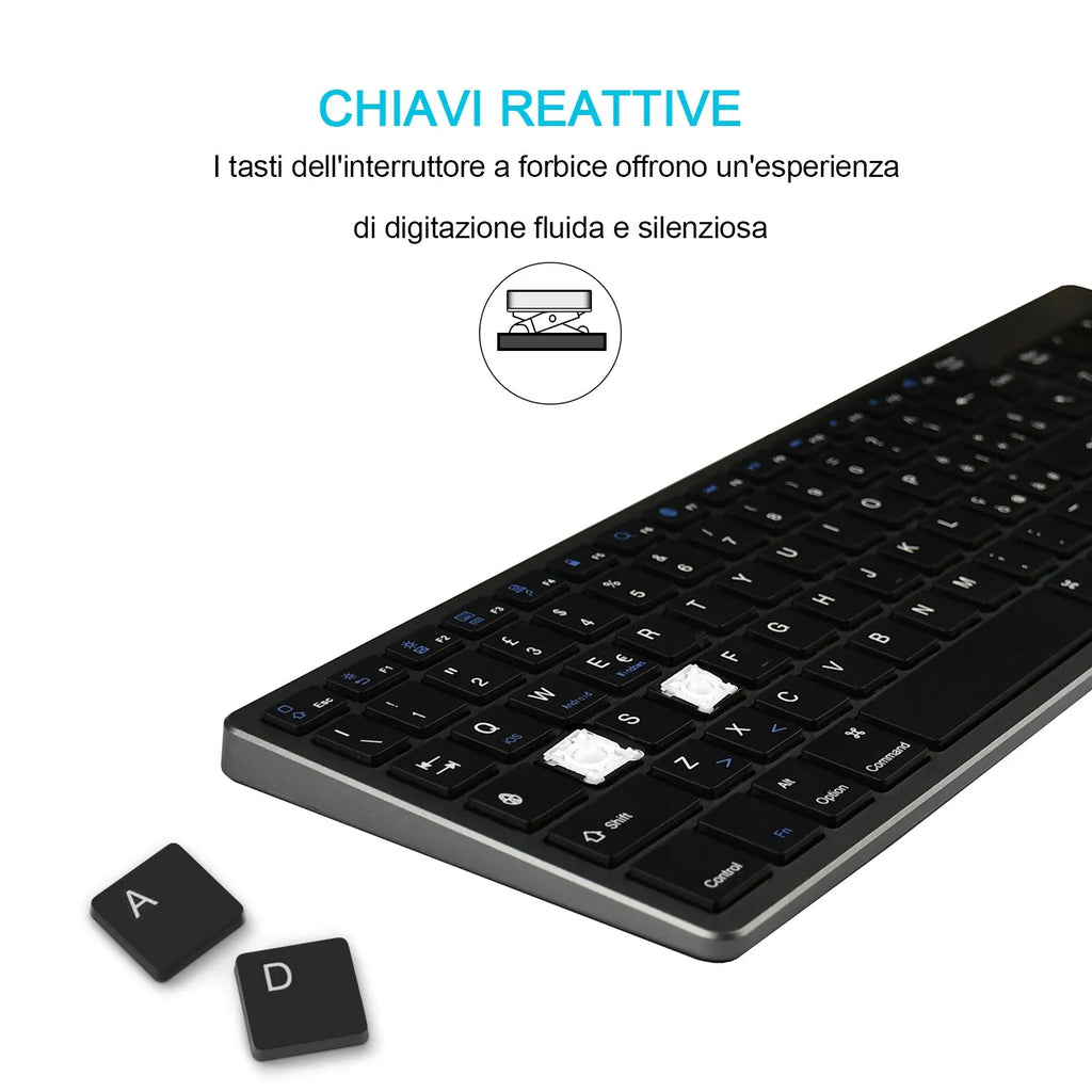 Ultra-thin white rechargeable Bluetooth keyboard next to a tablet and mobile phone.