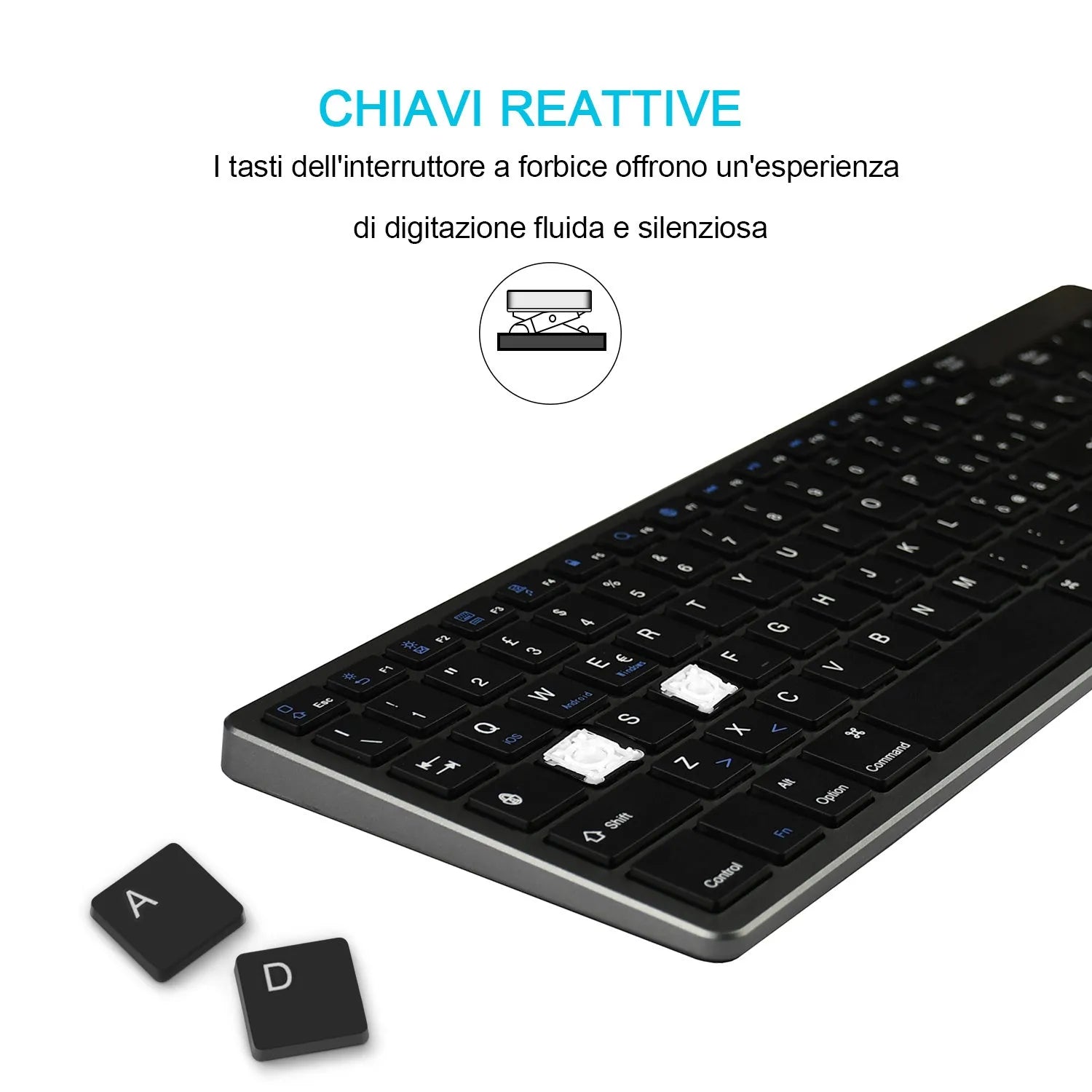 Ultra-thin white rechargeable Bluetooth keyboard next to a tablet and mobile phone.