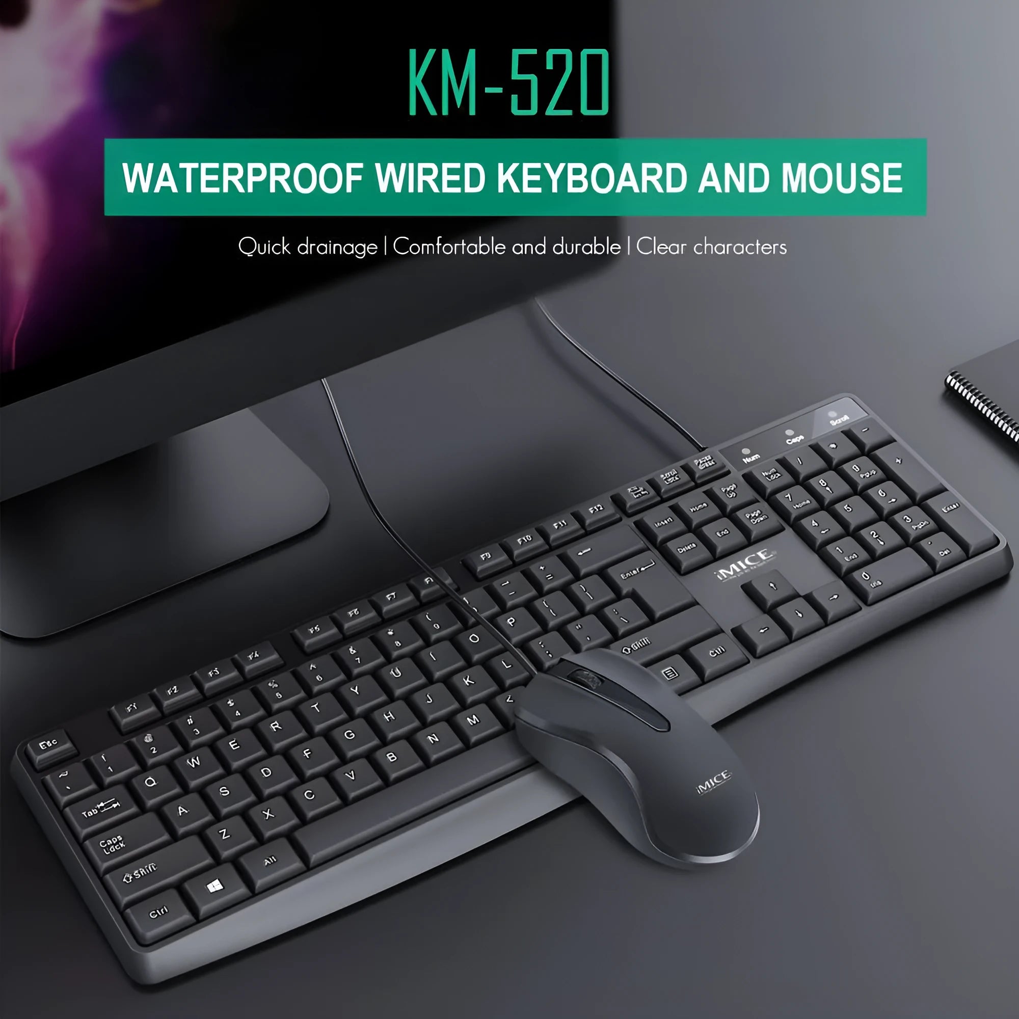 KM-520 black wired keyboard and mouse set with USB cables