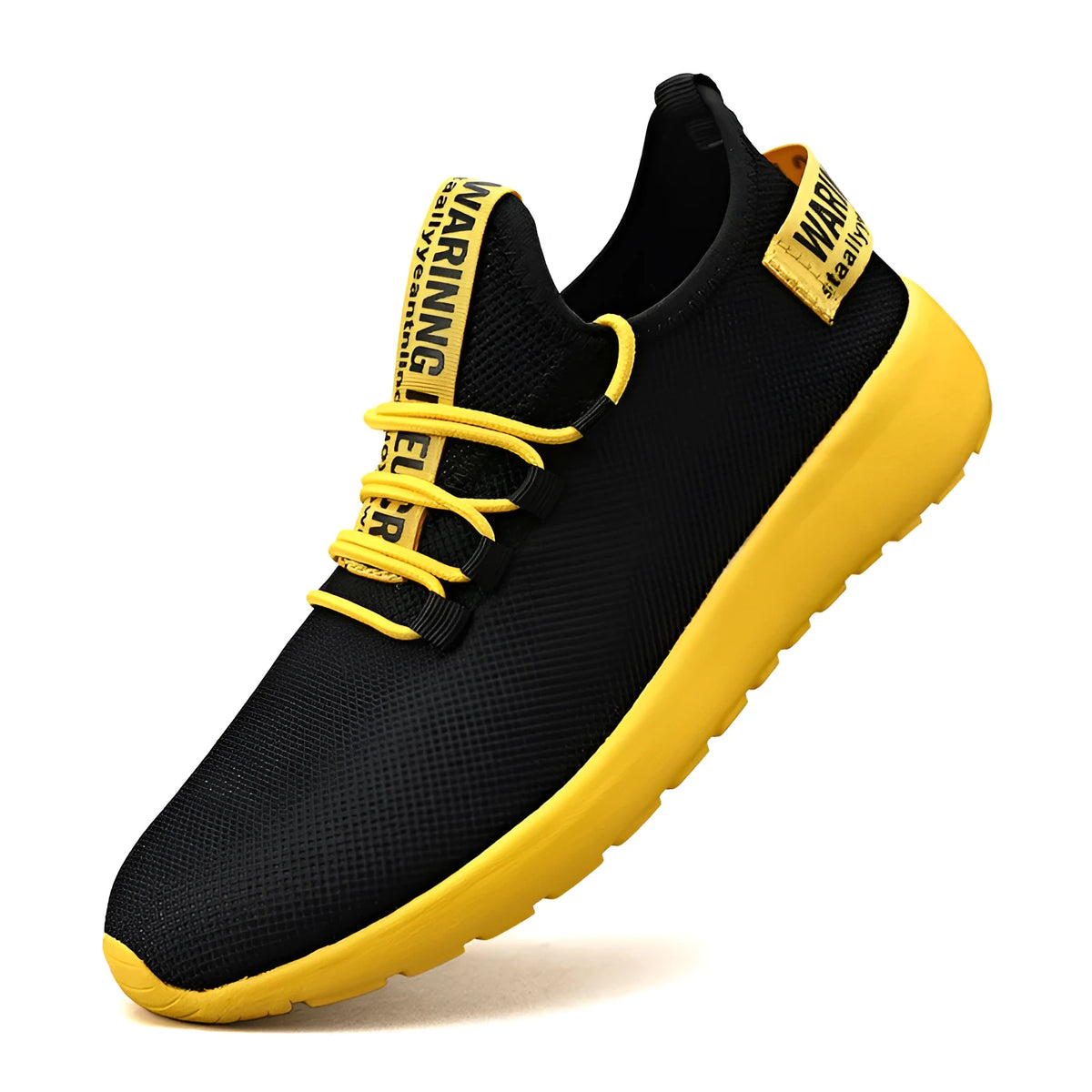 Men's casual breathable sports shoes with flyknit upper and EVA sole, black and yellow colour, plain Korean style design