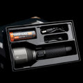 Black rechargeable flashlight with 2000 lumen output showing five lighting modes and Type-C charging port