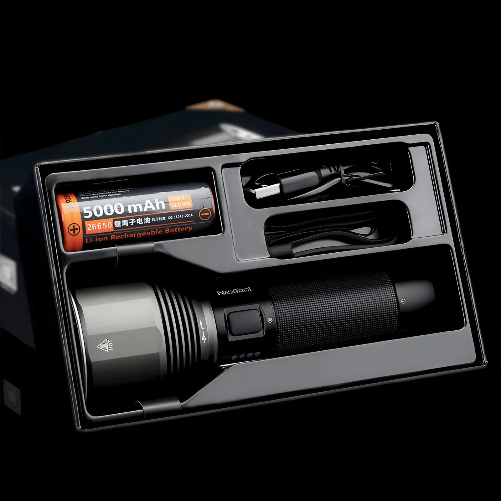 Black rechargeable flashlight with 2000 lumen output showing five lighting modes and Type-C charging port