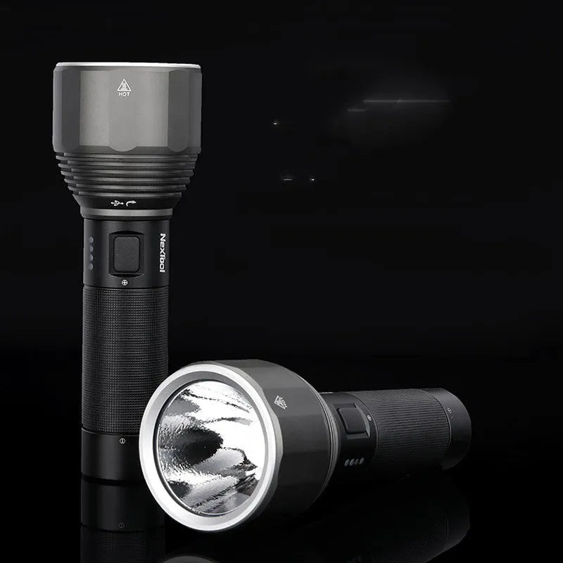 Black rechargeable flashlight with 2000 lumen output showing five lighting modes and Type-C charging port