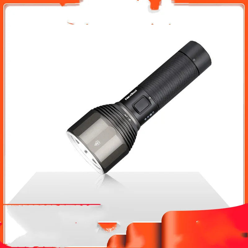 Black rechargeable flashlight with 2000 lumen output showing five lighting modes and Type-C charging port