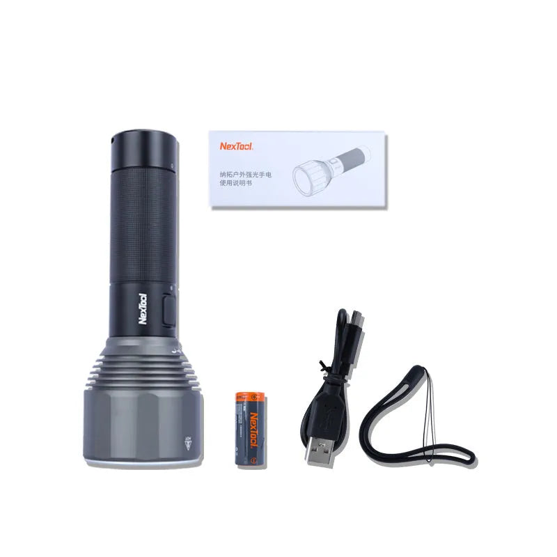 Black rechargeable flashlight with 2000 lumen output showing five lighting modes and Type-C charging port