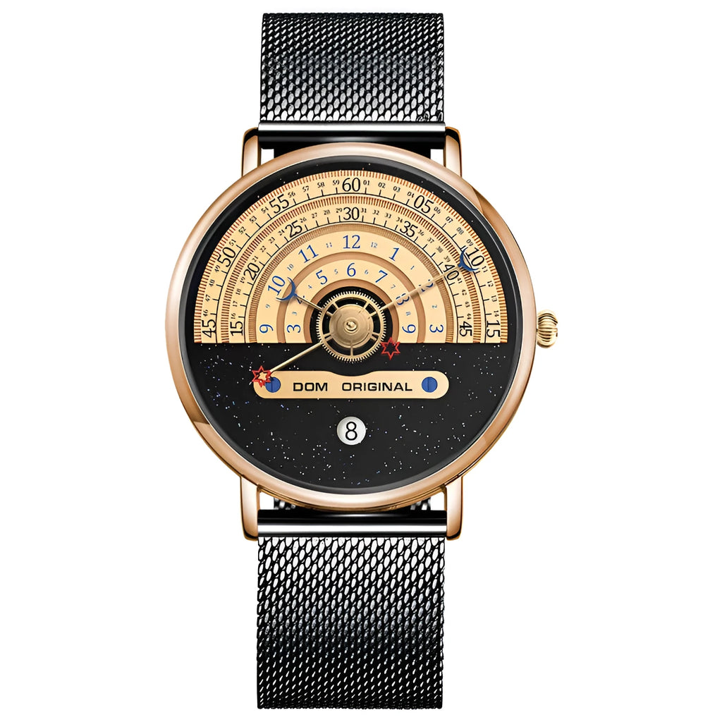 Men's round dial quartz watch with gold or silver alloy case and stainless steel or leather strap options